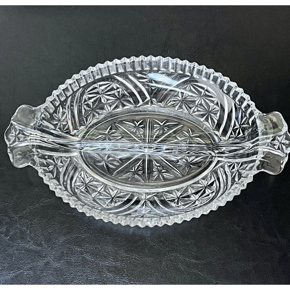 Vintage Heavy Cut Glass Divided Serving Dish With Handles Anchor Hocking
